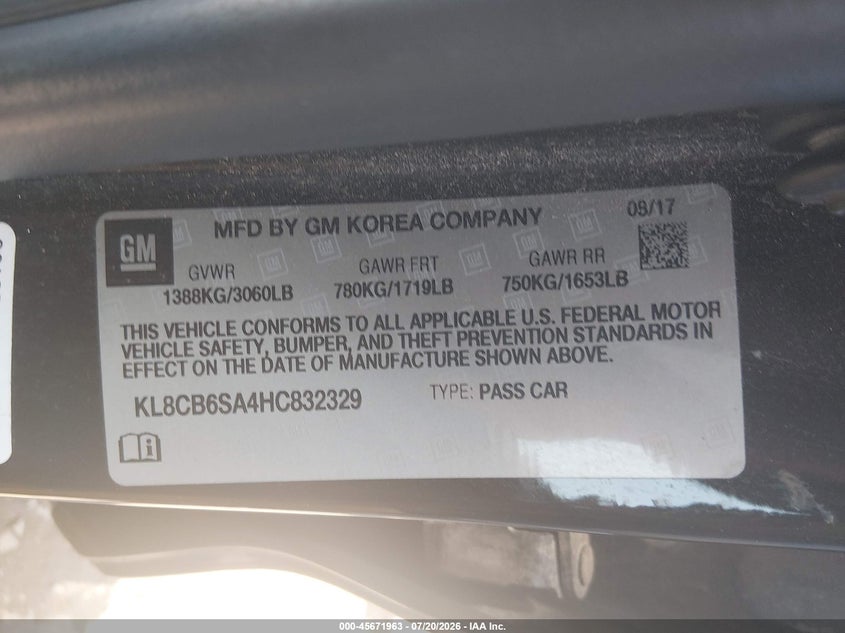 2017 Chevrolet Spark Ls Cvt VIN: KL8CB6SA4HC832329 Lot: 45671963