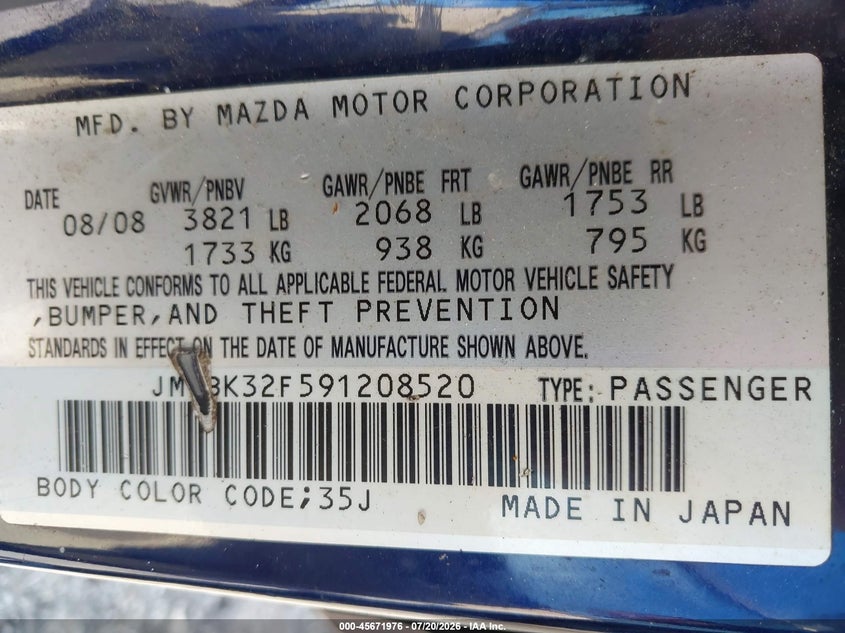 2009 Mazda Mazda3 I VIN: JM1BK32F591208520 Lot: 45671976