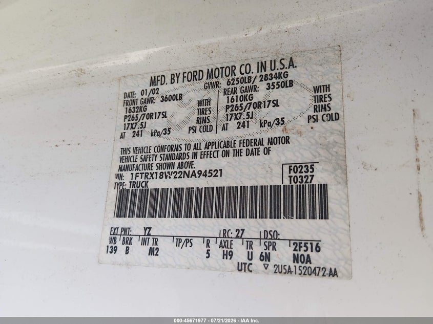 2002 Ford F-150 Lariat/Xl/Xlt VIN: 1FTRX18W22NA94521 Lot: 45671977