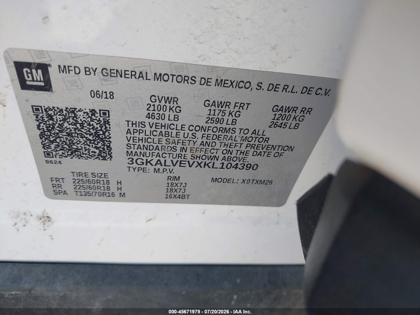 2019 GMC Terrain Slt VIN: 3GKALVEVXKL104390 Lot: 45671979