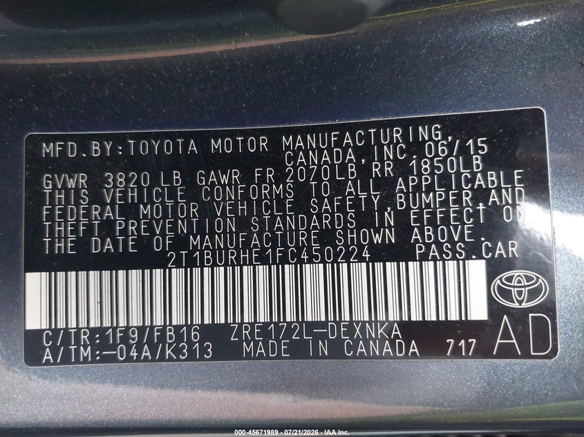 2015 Toyota Corolla Le VIN: 2T1BURHE1FC450224 Lot: 45671989