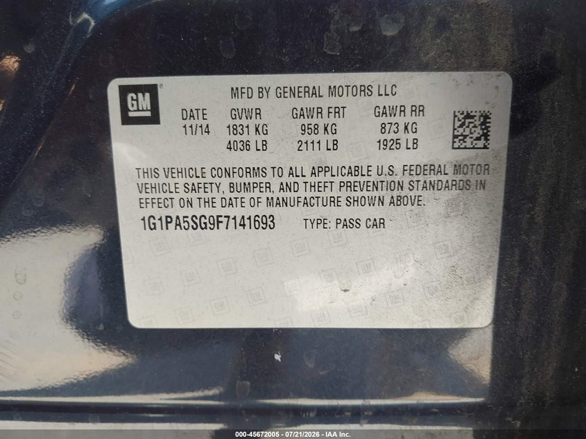 2015 Chevrolet Cruze Ls Auto VIN: 1G1PA5SG9F7141693 Lot: 45672005