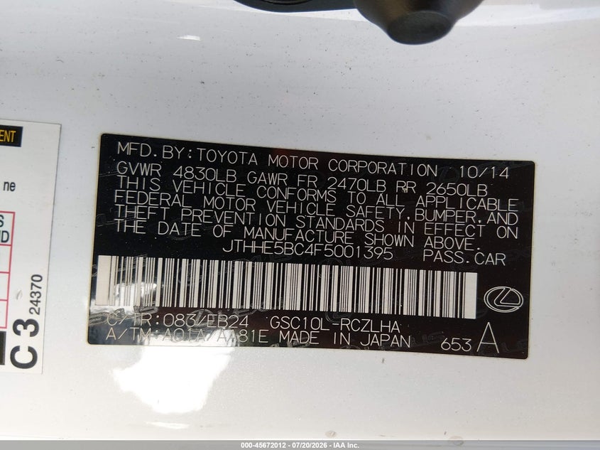2015 Lexus Rc 350 VIN: JTHHE5BC4F5001395 Lot: 45672012