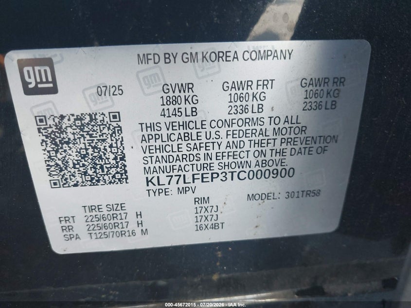 2026 Chevrolet Trax Fwd Ls VIN: KL77LFEP3TC000900 Lot: 45672015