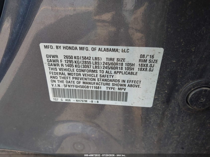 2016 Honda Pilot Ex-L VIN: 5FNYF6H50GB111681 Lot: 45672032