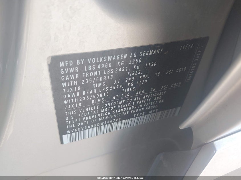2013 Volkswagen Tiguan Se VIN: WVGBV3AX9DW566728 Lot: 45672037