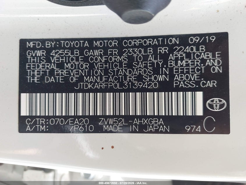 2020 Toyota Prius Prime Xle VIN: JTDKARFP0L3139420 Lot: 45672050