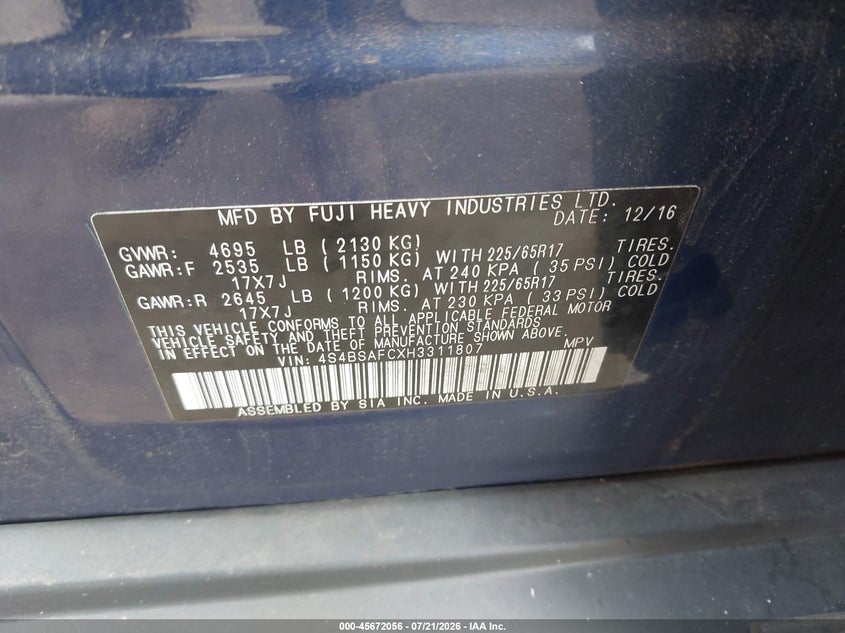 2017 Subaru Outback 2.5I Premium VIN: 4S4BSAFCXH3311807 Lot: 45672056