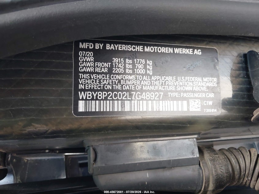 2020 BMW I3 120Ah VIN: WBY8P2C02L7G48927 Lot: 45672081
