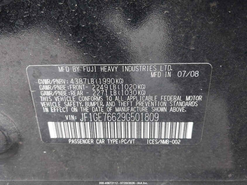 2009 Subaru Impreza Wrx VIN: JF1GE76629G501809 Lot: 45672112