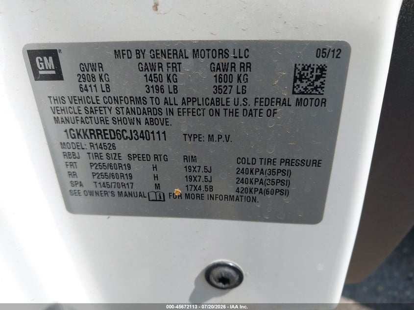 2012 GMC Acadia Slt-1 VIN: 1GKKRRED6CJ340111 Lot: 45672113