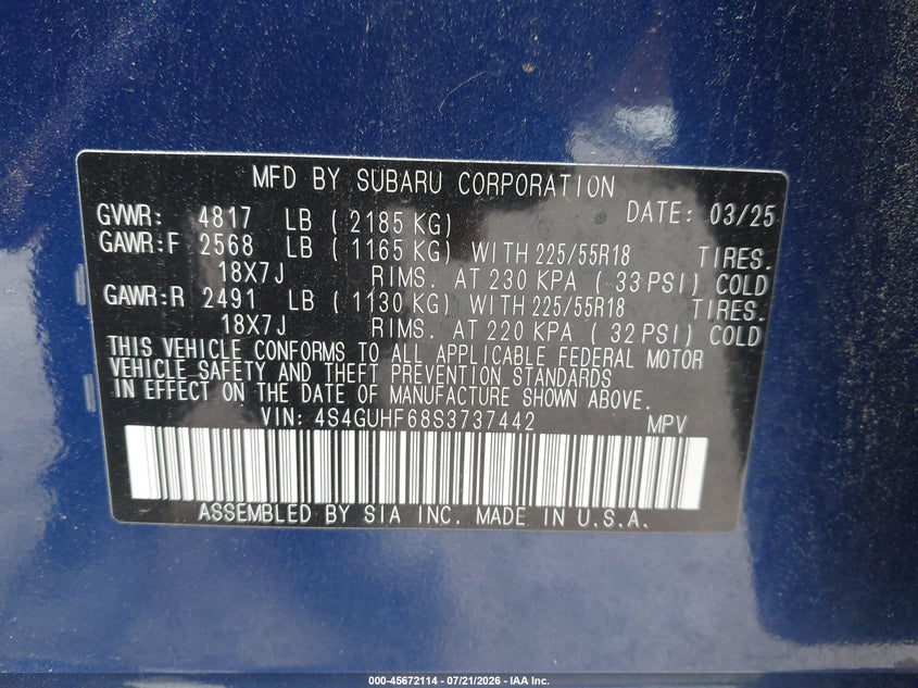 2025 Subaru Crosstrek Sport VIN: 4S4GUHF68S3737442 Lot: 45672114