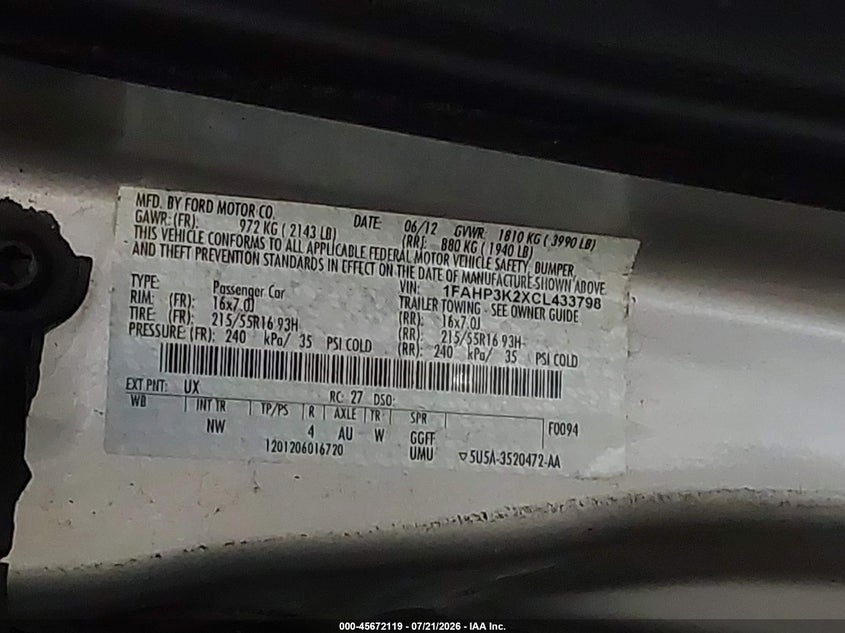 2012 Ford Focus Se VIN: 1FAHP3K2XCL433798 Lot: 45672119