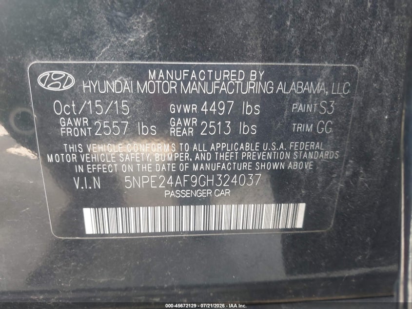 2016 Hyundai Sonata Se VIN: 5NPE24AF9GH324037 Lot: 45672129