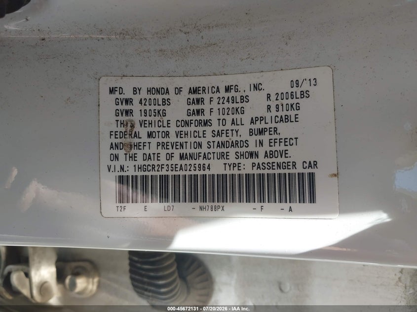2014 Honda Accord Lx VIN: 1HGCR2F35EA025964 Lot: 45672131