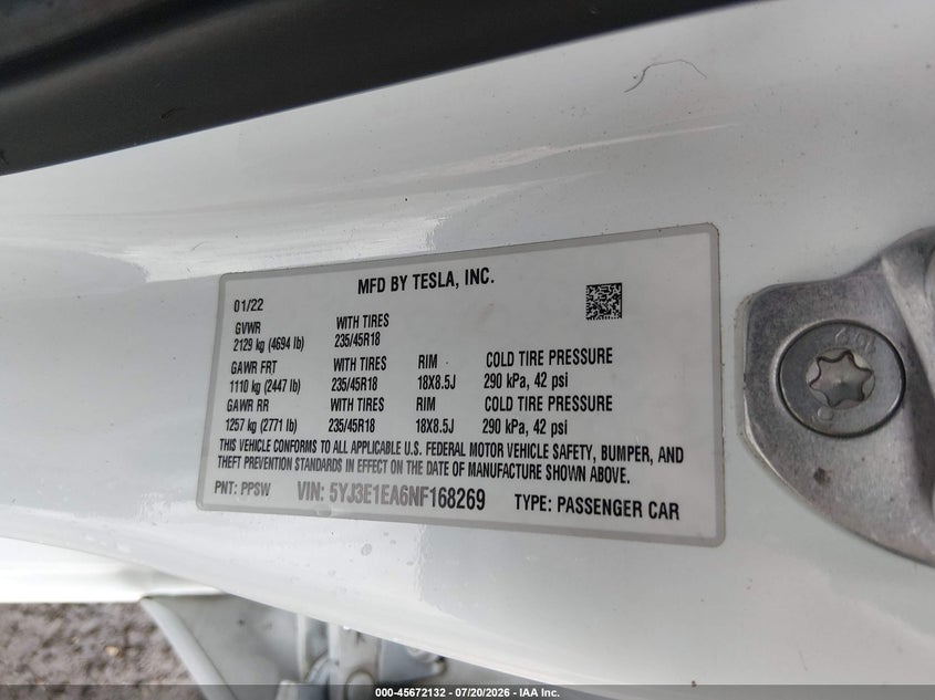 2022 Tesla Model 3 Rear-Wheel Drive VIN: 5YJ3E1EA6NF168269 Lot: 45672132
