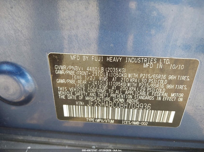 2011 Subaru Forester 2.5X VIN: JF2SHABC0BH709936 Lot: 45672167
