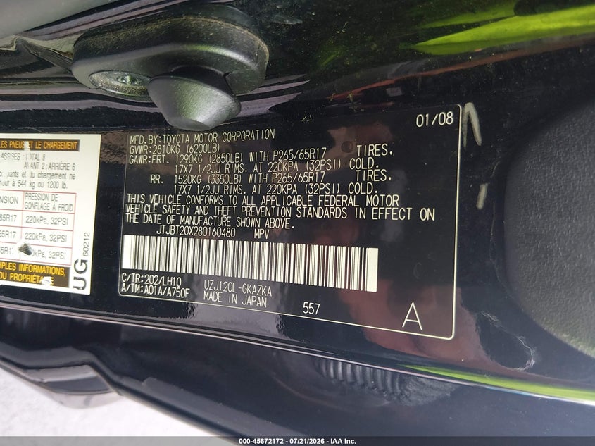 2008 Lexus Gx 470 VIN: JTJBT20X280160480 Lot: 45672172