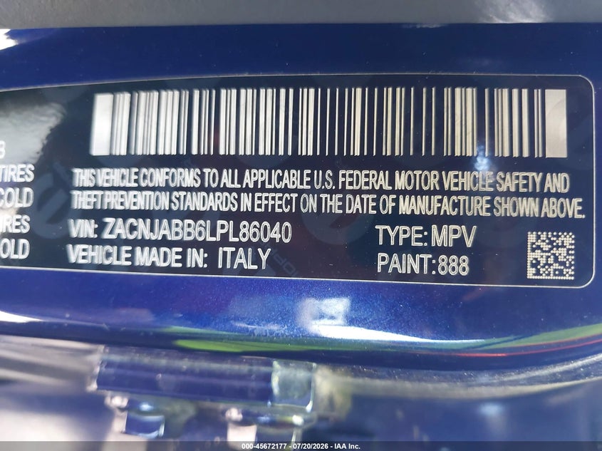 2020 Jeep Renegade Latitude Fwd VIN: ZACNJABB6LPL86040 Lot: 45672177