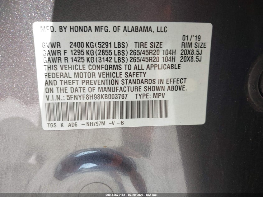 2019 Honda Passport Touring VIN: 5FNYF8H98KB003767 Lot: 45672181