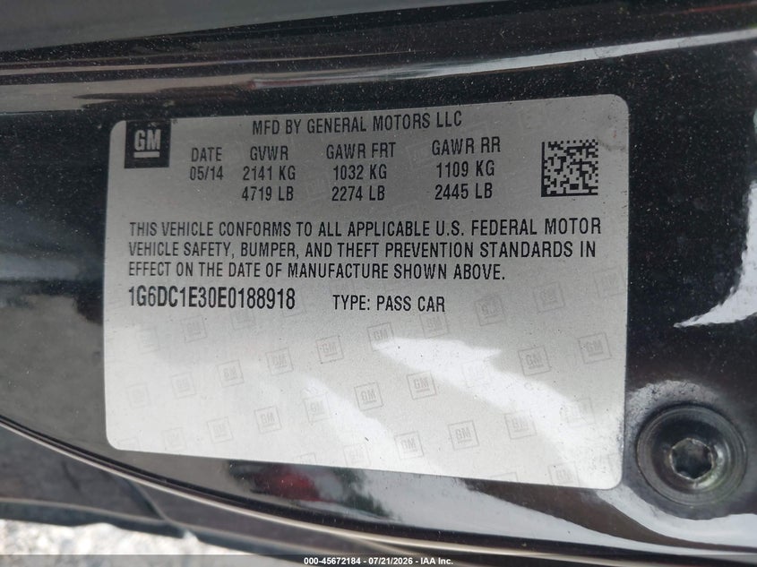 2014 Cadillac Cts Performance VIN: 1G6DC1E30E0188918 Lot: 45672184