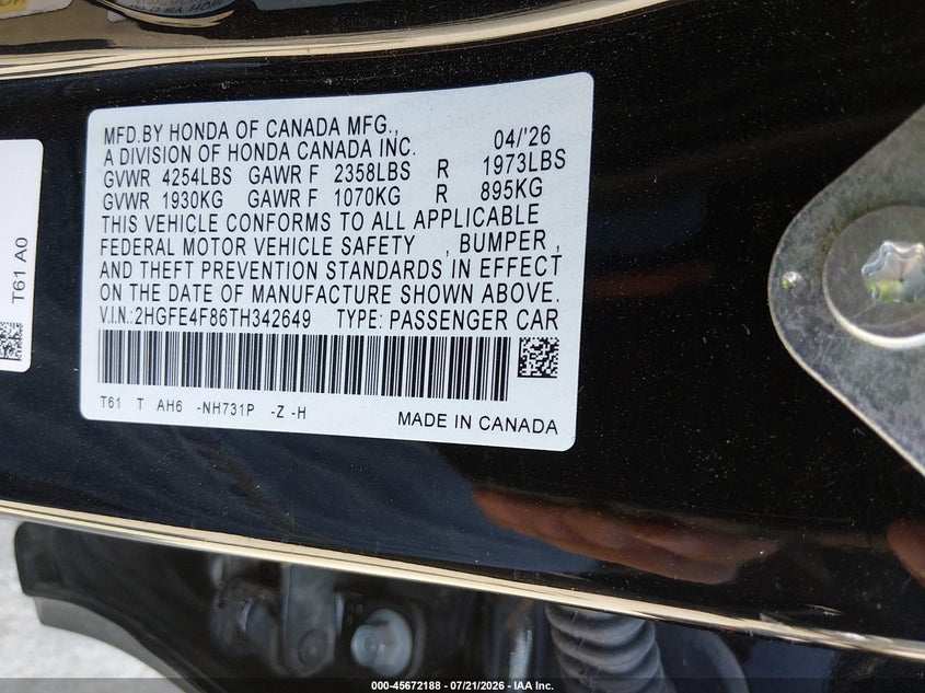 2026 Honda Civic Hybrid Sport/Sport Touring VIN: 2HGFE4F86TH342649 Lot: 45672188