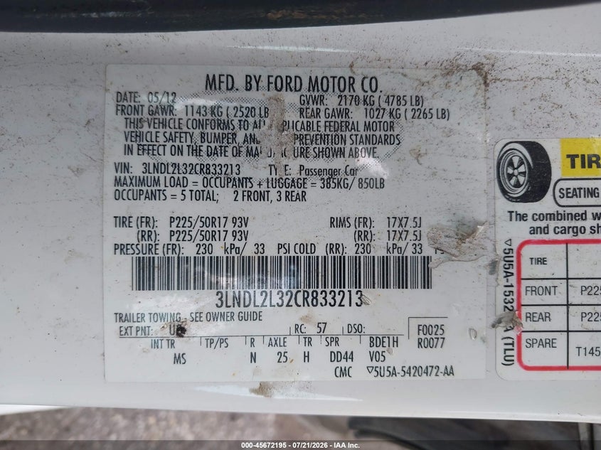 2012 Lincoln Mkz Hybrid VIN: 3LNDL2L32CR833213 Lot: 45672195