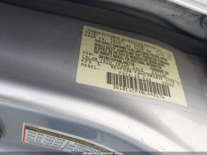 2011 Nissan Versa 1.8S VIN: 3N1BC1CPXBL442176 Lot: 45672212