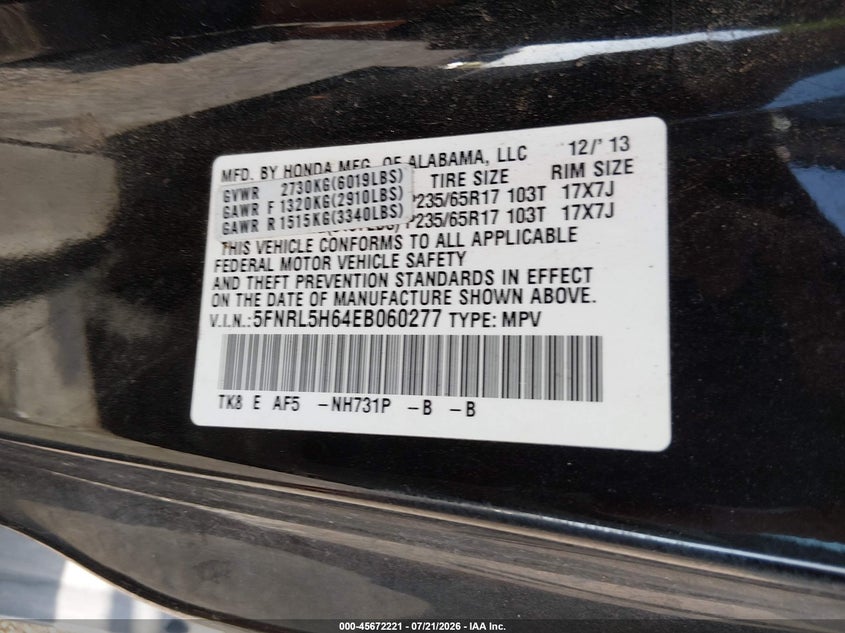 2014 Honda Odyssey Ex-L VIN: 5FNRL5H64EB060277 Lot: 45672221