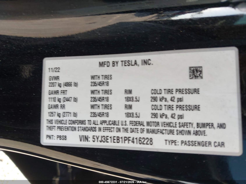 2023 Tesla Model 3 Long Range Dual Motor All-Wheel Drive VIN: 5YJ3E1EB1PF416228 Lot: 45672231