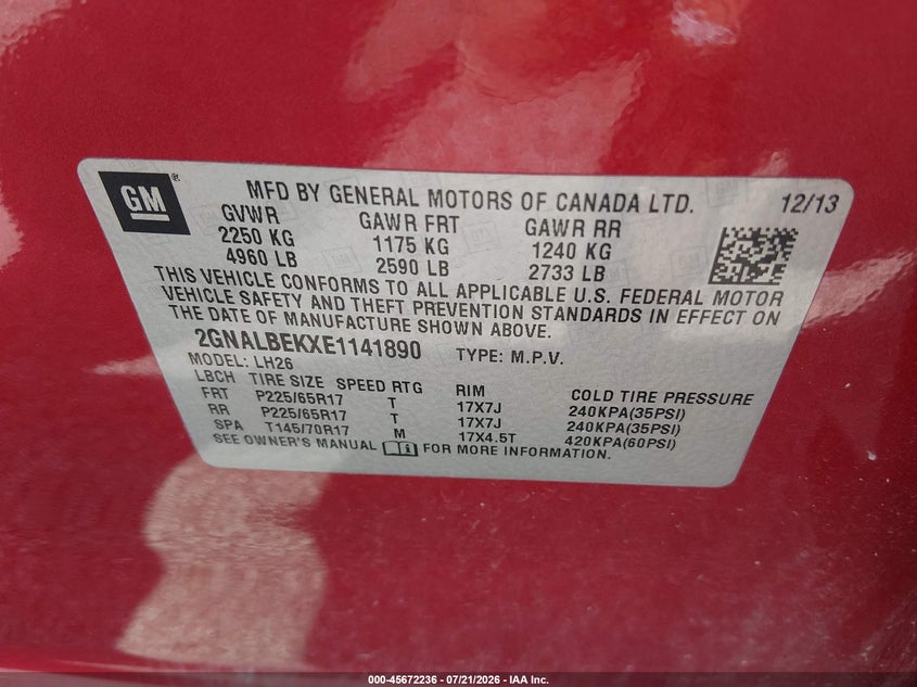 2014 Chevrolet Equinox Lt VIN: 2GNALBEKXE1141890 Lot: 45672236