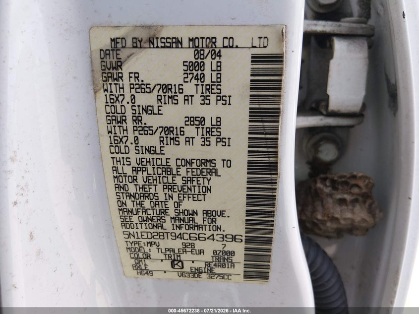 2004 Nissan Xterra Xe VIN: 5N1ED28T94C664396 Lot: 45672238