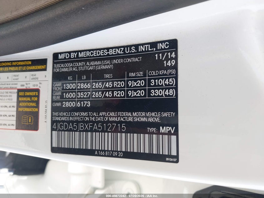 2015 Mercedes-Benz Ml 350 VIN: 4JGDA5JBXFA512715 Lot: 45672242
