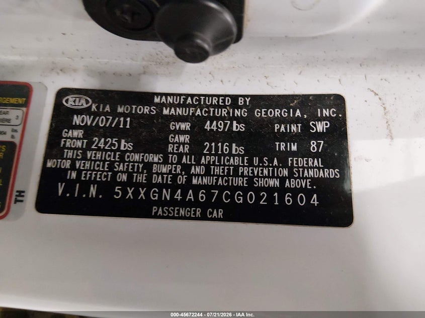 2012 Kia Optima Ex Turbo VIN: 5XXGN4A67CG021604 Lot: 45672244