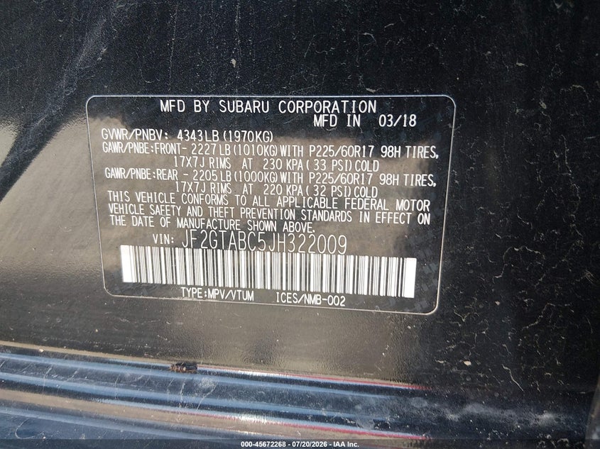2018 Subaru Crosstrek 2.0I Premium VIN: JF2GTABC5JH322009 Lot: 45672268
