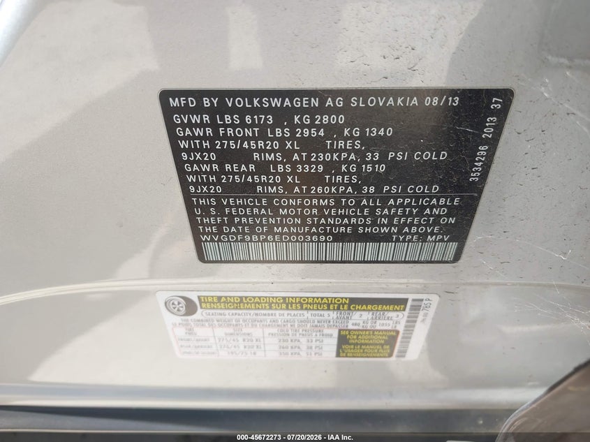 2014 Volkswagen Touareg 3.6L R-Line VIN: WVGDF9BP6ED003690 Lot: 45672273