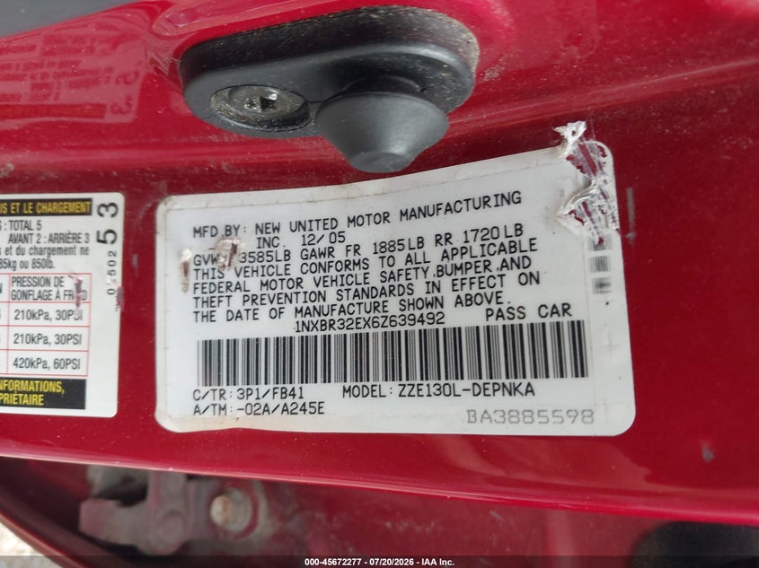 2006 Toyota Corolla Le VIN: 1NXBR32EX6Z639492 Lot: 45672277