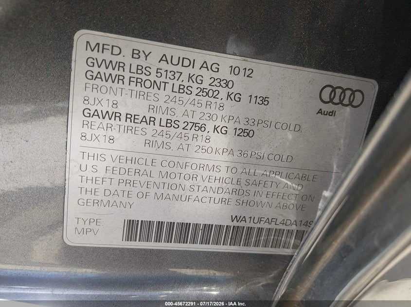 2013 Audi Allroad 2.0T Premium Plus VIN: WA1UFAFL4DA149528 Lot: 45672291