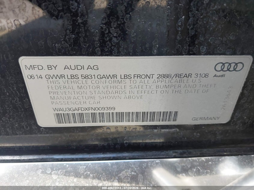 2015 Audi A8 L 3.0T VIN: WAU3GAFDXFN009399 Lot: 45672313