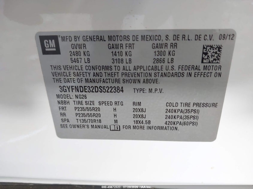 2013 Cadillac Srx Performance Collection VIN: 3GYFNDE32DS522384 Lot: 45672323