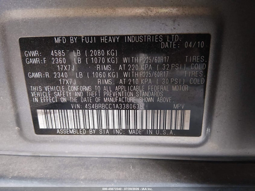 2010 Subaru Outback 2.5I Premium VIN: 4S4BRBCC1A3380638 Lot: 45672340