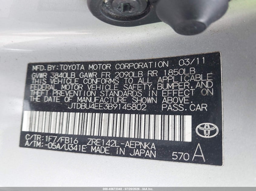 2011 Toyota Corolla Le VIN: JTDBU4EE3B9145802 Lot: 45672348