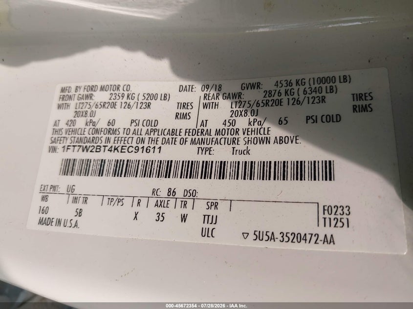 FORD F-250 2019 VIN 1FT7W2BT4KEC91611