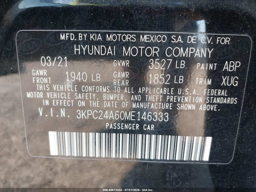 2021 Hyundai Accent Se VIN: 3KPC24A60ME146333 Lot: 45672355