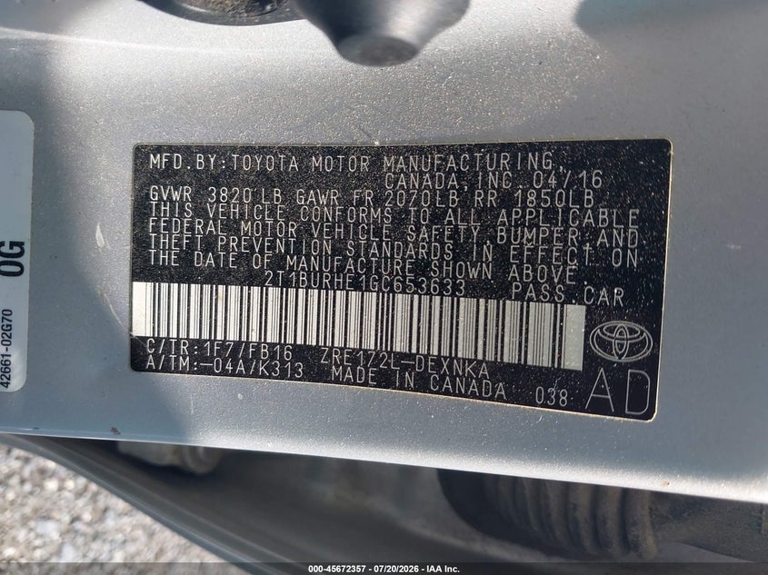 2016 Toyota Corolla Le VIN: 2T1BURHE1GC653633 Lot: 45672357