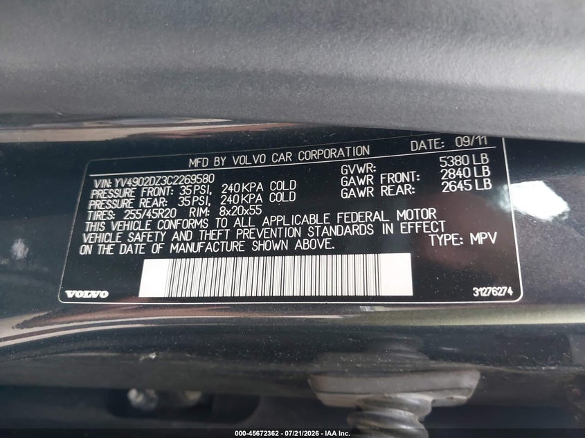 2012 Volvo Xc60 T6 Premier Plus VIN: YV4902DZ3C2269580 Lot: 45672362