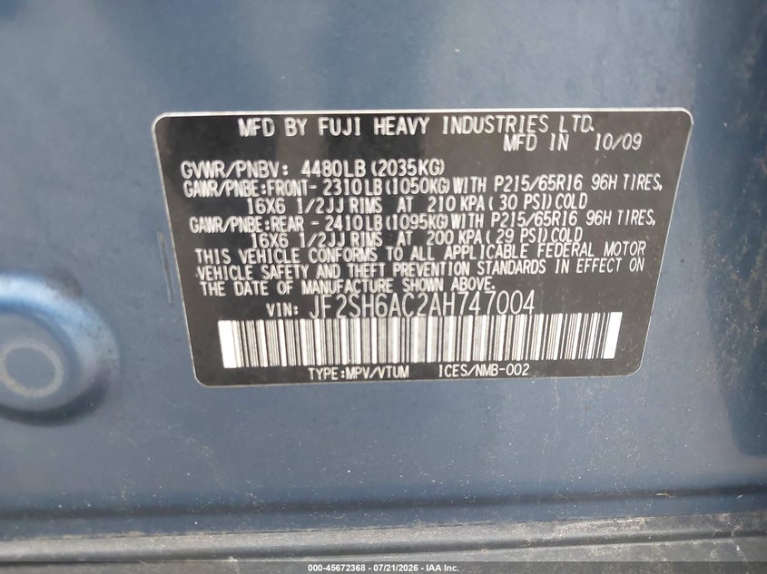 2010 Subaru Forester 2.5X VIN: JF2SH6AC2AH747004 Lot: 45672368