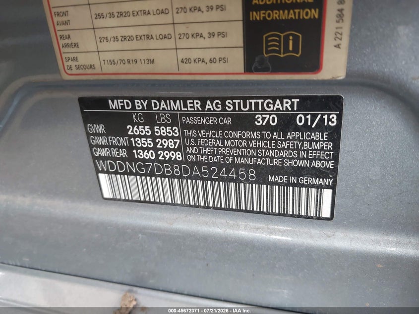 2013 Mercedes-Benz S 550 VIN: WDDNG7DB8DA524458 Lot: 45672371
