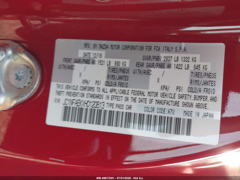 2017 Fiat 124 Spider Elaborazione Abarth VIN: JC1NFAEKXH0120613 Lot: 45672381