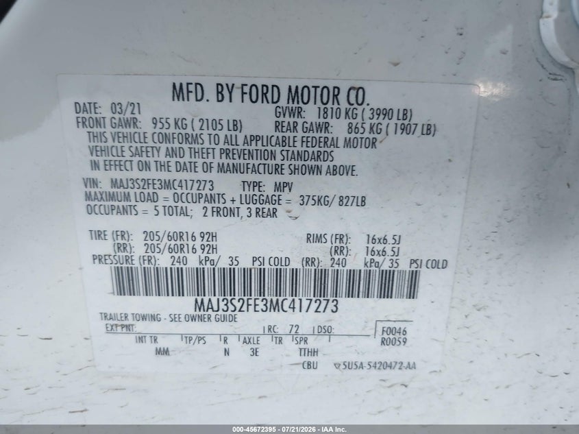 2021 Ford Ecosport S VIN: MAJ3S2FE3MC417273 Lot: 45672395